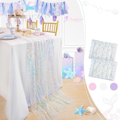 Tafelloper, wit, 2 stuks, 63 x 300 cm, tafelloper, tafelband voor zeemeermin, pailletten, geschikt voor feestdecoratie, verjaardag, bruiloften, Kerstmis, eerste schooldag, decoratie