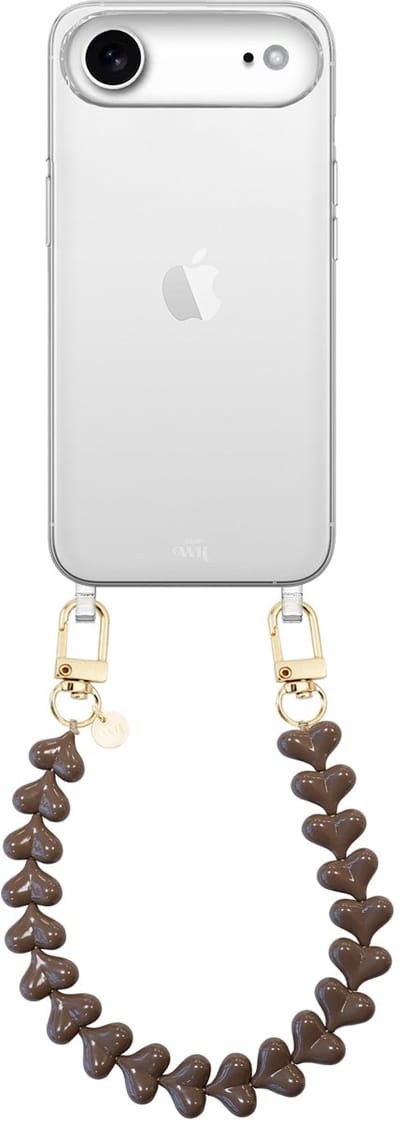 xoxo Wildhearts siliconen hoesje geschikt voor iPhone 17 Air hoesje - Funky Hearts (Dark Brown) - Telefoonhoesje - Hoesje met koord - Bordeaux rood koord - kort telefoonkoord - Hartjes ketting - Transparant hoesje