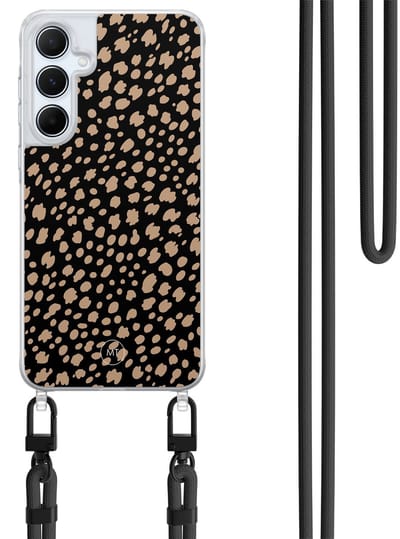 Hoesje met koord geschikt voor Samsung Galaxy A35 5G - Savannah spots - Inclusief Zwart koord - Crossbody beschermhoes - Transparant, Zwart, Bruin - Mooie Telefoonhoesjes