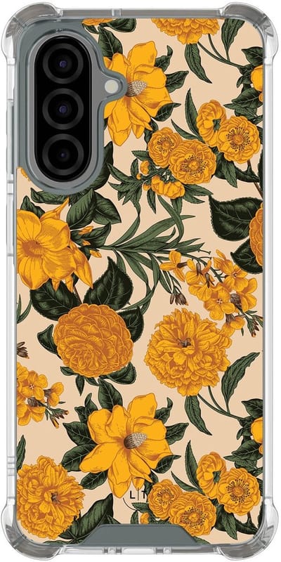 Shockproof hoesje - Geschikt voor Samsung Galaxy A36 - Retro flowers - Extra sterke case - TPU/polycarbonaat - Bloemen - Oranje, Transparant