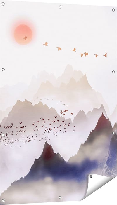 Gards Tuinposter Bergenlandschap met een Boom - Abstract - 80x120 cm - Tuindoek - Tuindecoratie - Wanddecoratie buiten - Tuinschilderij