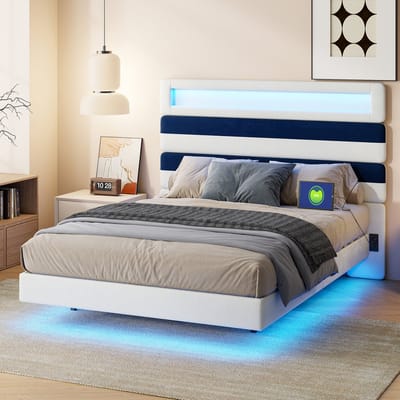 Zwevend Bed 140x190 met LED & USB – Velvet Design Bed Blauw/Beige – Lijnen