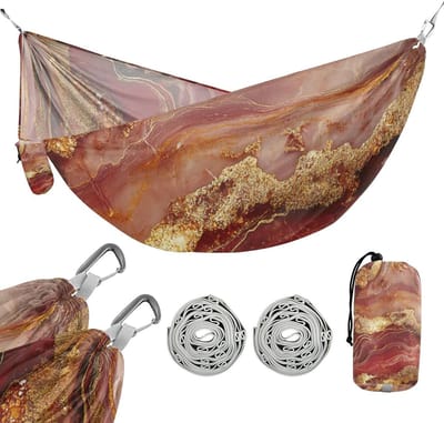 Hangmat - Schommeldoek - Buiten Ontspannen - Geïntegreerd Opbergvak - 290 x 138 cm - Rood Goud Marble
