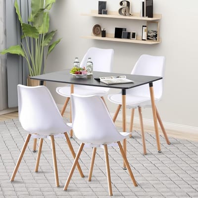 Eetkamergroep eettafel met 4 stoelen, rechthoekige keukentafelset eetgroep voor keuken, eetkamer en woonkamer (zwarte tafel + 4 witte eetkamerstoelen)