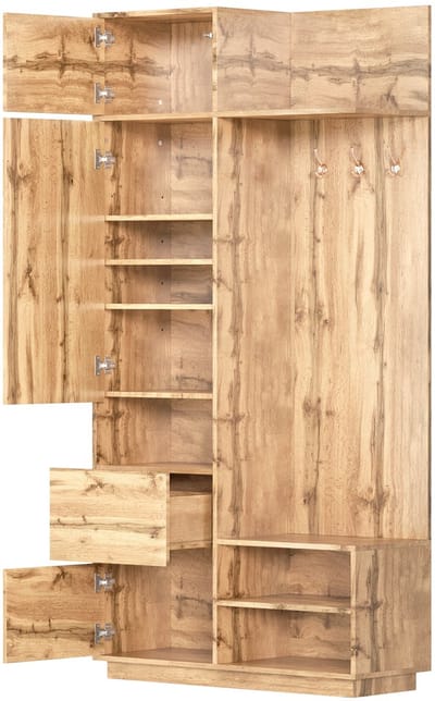 Halgarderobe met Spiegel en Schoenenbank, Multifunctioneel Halmeubel met Opbergkast, Schuivenrek en Kledinghaken, Complete Opbergoplossing voor de Hal