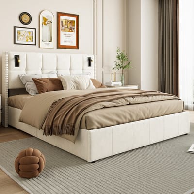 Gestoffeerd tweepersoonsbed 140x200 cm, Hydraulisch bed met opbergruimte en bedlade, Jeugdbed, Leeslamp hoofdeinde en rugleuning met klinknagelontwerp, Beige fluweel, Zonder matras (gesplitst voor 2 pakketten voor verzending)