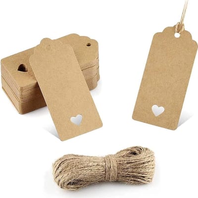 Allecto Plus - Cadeaulabels van kraftpapier 100 stuks - Natuurlijke ambachtelijke kaart voor handgemaakt bruiloft cadeau en Kerstmis - Inclusief jute koord 20 meter