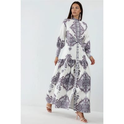 Paisley-print maxi-jurk met riem en overhemdkraag
