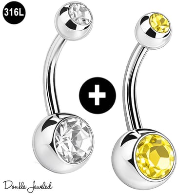 Navelpiercing Set 2 Stuks – Navel Piercing 316L Chirurgisch Staal – Belly Button Piercing – Banana Barbell 1.6mm – Double Jeweled – Helder & Geel – Buikpiercing Dames