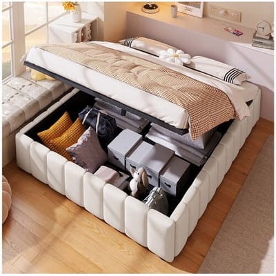 Merax Opbergbed 140 x 200 cm zonder hoofdbord - Linnen stof - Inclusief lattenbodem - Beige (zonder matras)