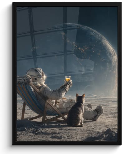 Poster in lijst - Fotolijst 60x80 cm - Posters - Maan - Kat - Astronaut - Ruimte - Posterlijst zwart - Decoratie - Wanddecoratie woonkamer - Muurdecoratie slaapkamer