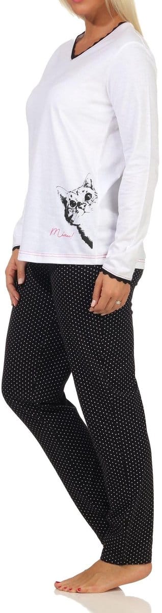 Schattige dames pyjama lange mouw met kat als motief, broek in stippen optiek