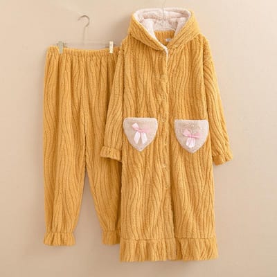 Dames Plus Size Herfst en Winter Pyjama Flanellen 2-delige Pyjama Schattige Pyjamabroek met Capuchon Set Warm Casual Huispak 5XL geel