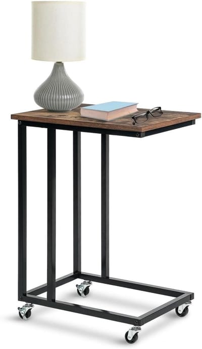 Bijzettafel op wieltjes - Laptoptafel C-vorm - Werken en ontspannen - Ruimtebesparend ontwerp - 50x35x67 cm - Houtlook en zwart
