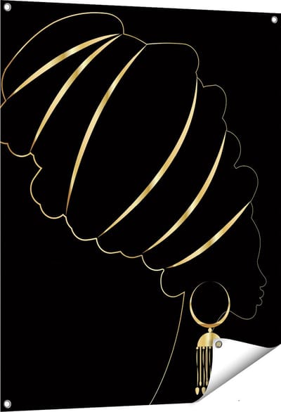 Gards Tuinposter Afrikaanse Vrouw met Gouden Zwarte Tulband - 80x100 cm - Tuindoek - Tuindecoratie - Wanddecoratie buiten - Tuinschilderij