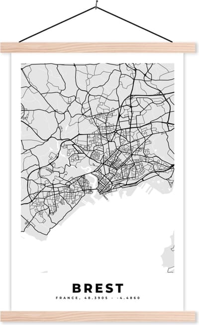 Posterhanger incl. Poster 40x60 cm - Schoolplaat - Kaart - Stadskaart - Frankrijk - Brest - Plattegrond - Textielposter - Blanke latten - Stadskaart