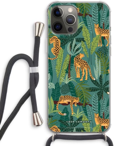 Case Company® - Hoesje met koord geschikt voor iPhone 12 Pro hoesje met Koord - Luipaard 2 - Telefoonhoesje met Zwart Koord - Bescherming aan alle Kanten en Over de Schermrand