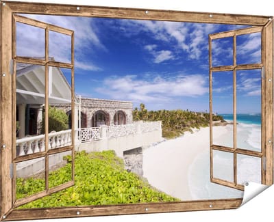 Gards Tuinposter Doorkijk Het Strandhuis - 180x120 cm - Tuindoek - Tuindecoratie - Wanddecoratie buiten - Tuinschilderij