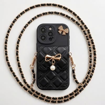 Luxe telefoonhoesje zwart met koord geschikt voor iphone 16 pro max – hoesje met goudkleurige strik en pareldetail schouderketting – quilted design – voor vrouwen – met opbergvakje en pasjeshouder