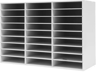 Literatuurorganizer – Voor het sorteren van post, documenten en literatuur in thuiskantoor – 27 compartimenten met verwijderbare planken voor flexibel gebruik – 33,0 × 25,0 × 30,0 cm – wit en grijs – kunststof