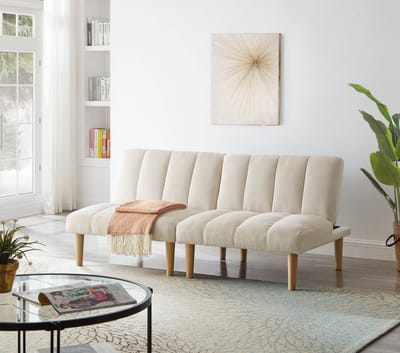 Wishdor Slaapbank 2-Zits - 3-Voudig Verstelbare Rugleuning - Modern Ontwerp - Voor Woonkamer Of Werkkamer - Ribstof Met Houten Poten - Beige