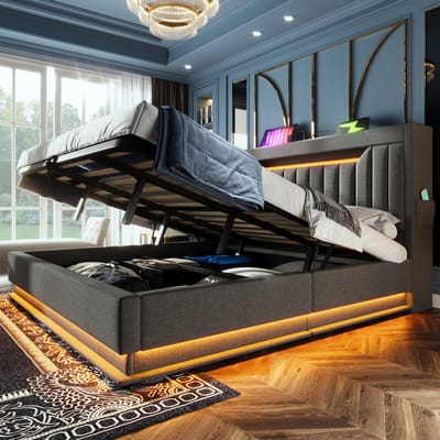 Tweepersoonsbed 140x190 cm - Gestoffeerd bed - met opbergruimte in het hoofdeinde - USB - en Type-C-aansluitingen - LED - hydraulische opbergruimte - lin - Grijs - (Matras niet inbegrepen)