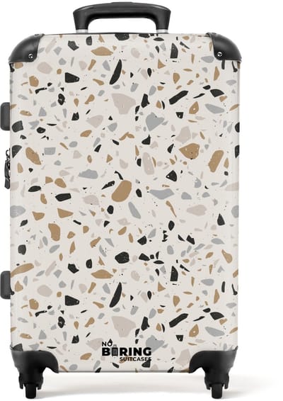 NoBoringSuitcases.com - Grote koffer - Terrazzo patroon natuurlijk beige - Kinderkoffer geschikt voor jongen en meisjes - Reiskoffer met 4 wielen - Trolley op wieltjes - Rolkoffer groot kinderen - 72 liter - Ruimbagage valies 20kg