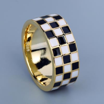 Nieuwe modieuze emaille ring met schaakbordmotief, brede ring, trendy damesring met persoonlijkheid, casual sieraad No. 6 white