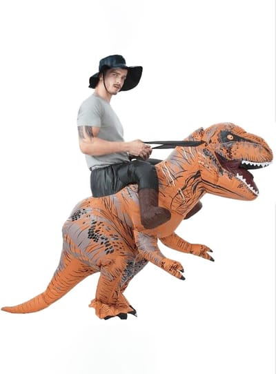 KIMU® Opblaas Kostuum Kinderen Rijdend op T-Rex - Maat 122 128 134 140 146 152 - Opblaasbaar Pak - Dinopak Mascotte Opblaaspak - Opblaasbare Dino Dinosaurus Festival
