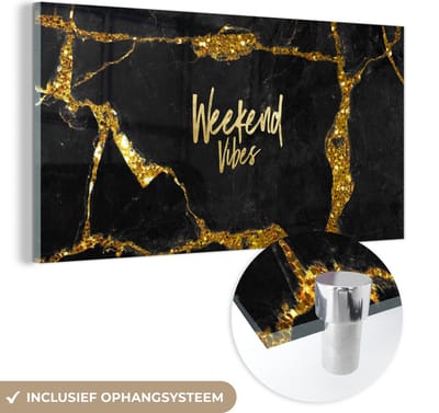 MuchoWow® Glasschilderij 40x20 cm - Schilderij acrylglas - Quotes - Weekend - Goud - Marmer - Foto op glas - Schilderijen