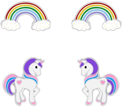 Joy|S - Zilveren oorbellen - set 2 paar - pony / eenhoorn oorbellen - regenboog oorbellen