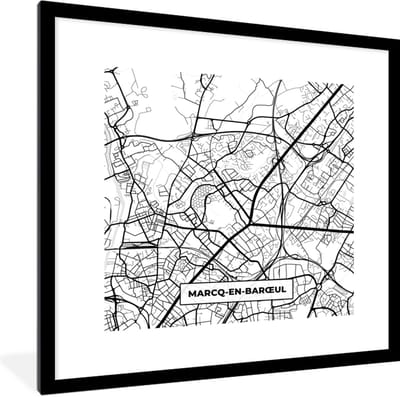 Fotolijst incl. Poster Zwart Wit- Stadskaart - Plattegrond - Kaart - Marcq-en-Barœul - Frankrijk - Zwart wit - 40x40 cm - Posterlijst