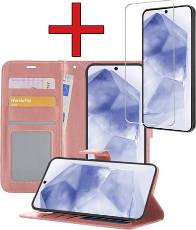 Hoesje - Met Screenprotector - Geschikt voor Samsung Galaxy A55 - Luxe Pasjeshouder - Flipcase - Bookcase Portemonee - Flip Case - Kunstleer Book Case - Book Cover - Walletcase - Portemonneehoes - Telefoonhoes - Rosé goud