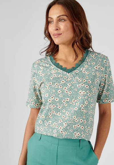 Damart - Gebloemd T-shirt in katoenmix met gerecycleerde vezels* - Dames - Groen - L