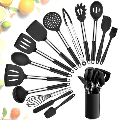 Complete 15-delige Keuken Gereedschap Set van Siliconen, Inclusief Keukenhulpen, Hittebestendig en Antikleef, met RVS Handvatten en Accessoires zoals Klopper, Spatel en Lepel, Zwart