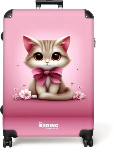 NoBoringSuitcases.com® - Koffer groot - Reiskoffer lichtgewicht - Poes met strik tussen bloemen - Rolkoffer met 4 wielen - Grote trolley XL - 98 liter bagage