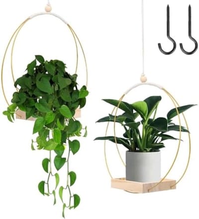 PromoHome 2-delige hangende plantenhangers set met houten voet - Verstelbaar design voor binnen