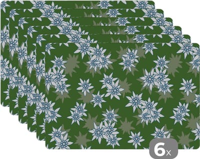 Placemat - Placemats kunststof - Edelweiss - Groen - Bloemen - Patronen - 45x30 cm - 6 stuks - Hittebestendig - Anti-Slip - Onderlegger - Afneembaar