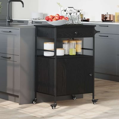 vidaXL - Keuken - Trolley - Zwart - Eiken - 56 - x - 43 - x - 89,5 - cm - Bewerkt - hout