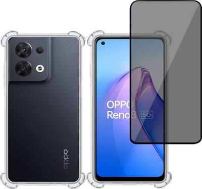 Hoesje + Privé Screenprotector geschikt voor OPPO Reno 8 – Privacy Tempered Glass - Case Transparant