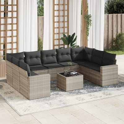 vidaXL - 10-delige - Loungeset - met - kussens - poly - rattan - lichtgrijs