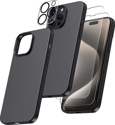 Hoesje Geschikt voor iPhone 15 Pro Max – Zacht siliconen liquid backcover met 2x screenprotector gehard glas en 1x lens protector – Zwart