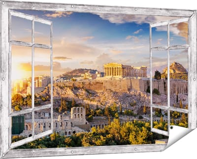 Gards Tuinposter Doorkijk Akropolis van Athene, Griekenland - Architectuur - 150x100 cm - Tuindoek - Tuindecoratie - Wanddecoratie buiten - Tuinschilderij