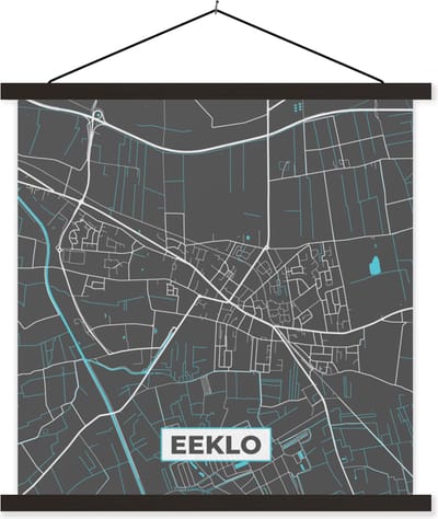 Posterhanger incl. Poster 60x60 cm - Schoolplaat - Stadskaart – Grijs - Kaart – Eeklo – België – Plattegrond - Textielposter - Zwarte latten - Stadskaart
