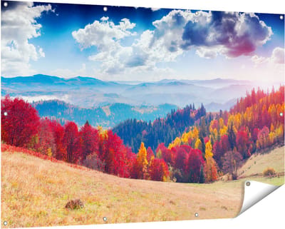 Gards Tuinposter Kleurrijke Herfstbos met Heuvellandschap - 150x100 cm - Tuindoek - Tuindecoratie - Wanddecoratie buiten - Tuinschilderij