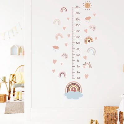 Kinderkamer Groeimeter Muursticker - Pastelkleurige Regenbogen en Wolken / Children's Room Growth Chart Wall Sticker - Pastel Rainbows and Clouds