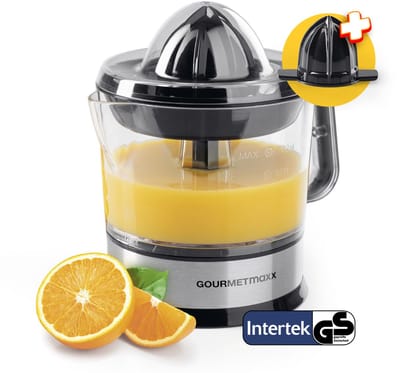 GOURMETmaxx elektrische citruspers & sinaasappelsap | Sapcentrifuge met een inhoud van 700 ml | Citruspers met diverse accessoires voor de meest verse smaak | 40 W [transparant/zilver]