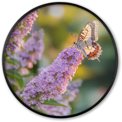Poster in lijst Rond - Fotolijst 60x60 cm - Posters - Sierlijke - Vlinder - Paarse - Bloemen - Ronde posterlijst zwart - Decoratie - Wanddecoratie woonkamer - Muurdecoratie slaapkamer