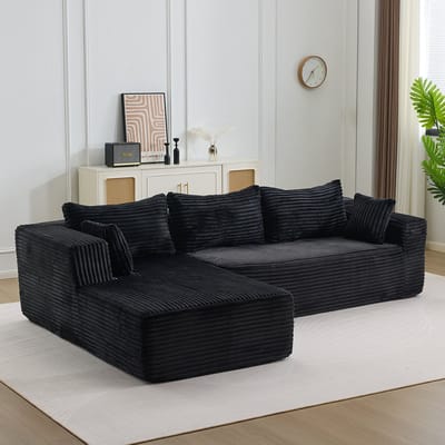 OKWISH Hoekbank 279 x 179 x 83 cm - Modulair L-Vormig Ontwerp Met Chaise En Diepe Zit - Voor Woonkamer Slaapkamer Of Appartement - Hout En Ribfluweel - Zwart