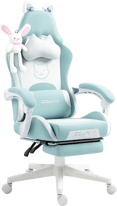 Dowinx Gaming Stoel – Cute Cat Editie – Ergonomische Bureaustoel met Hoge Rugleuning & Lendensteun – PU Leer – Verstelbare Rugleuning – Met Voetensteun – Blauw